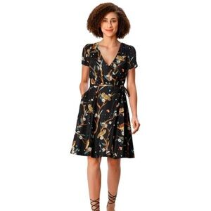 eShakti Wayward Fancies Owl and Floral Print Crepe Wrap Dress Sz XS (2)